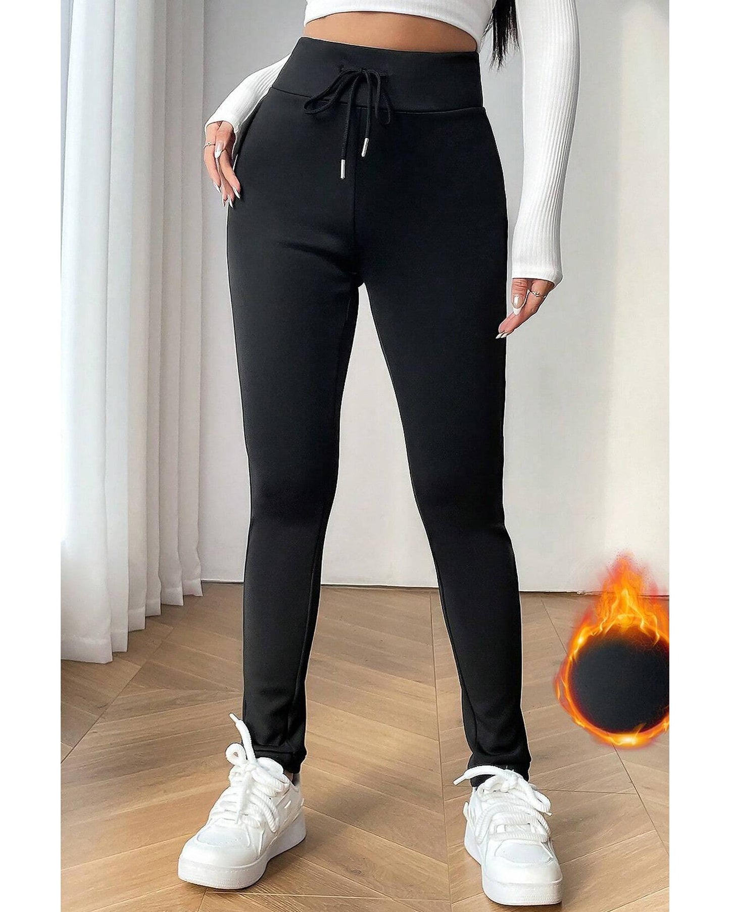 Black Solid Drawstring Waist Thermal Lined Leggings - M