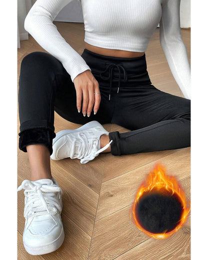 Black Solid Drawstring Waist Thermal Lined Leggings - S