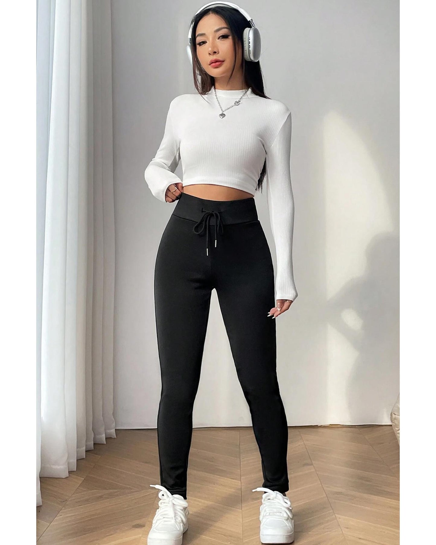 Black Solid Drawstring Waist Thermal Lined Leggings - S