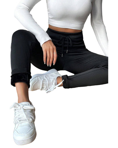 Black Solid Drawstring Waist Thermal Lined Leggings - S