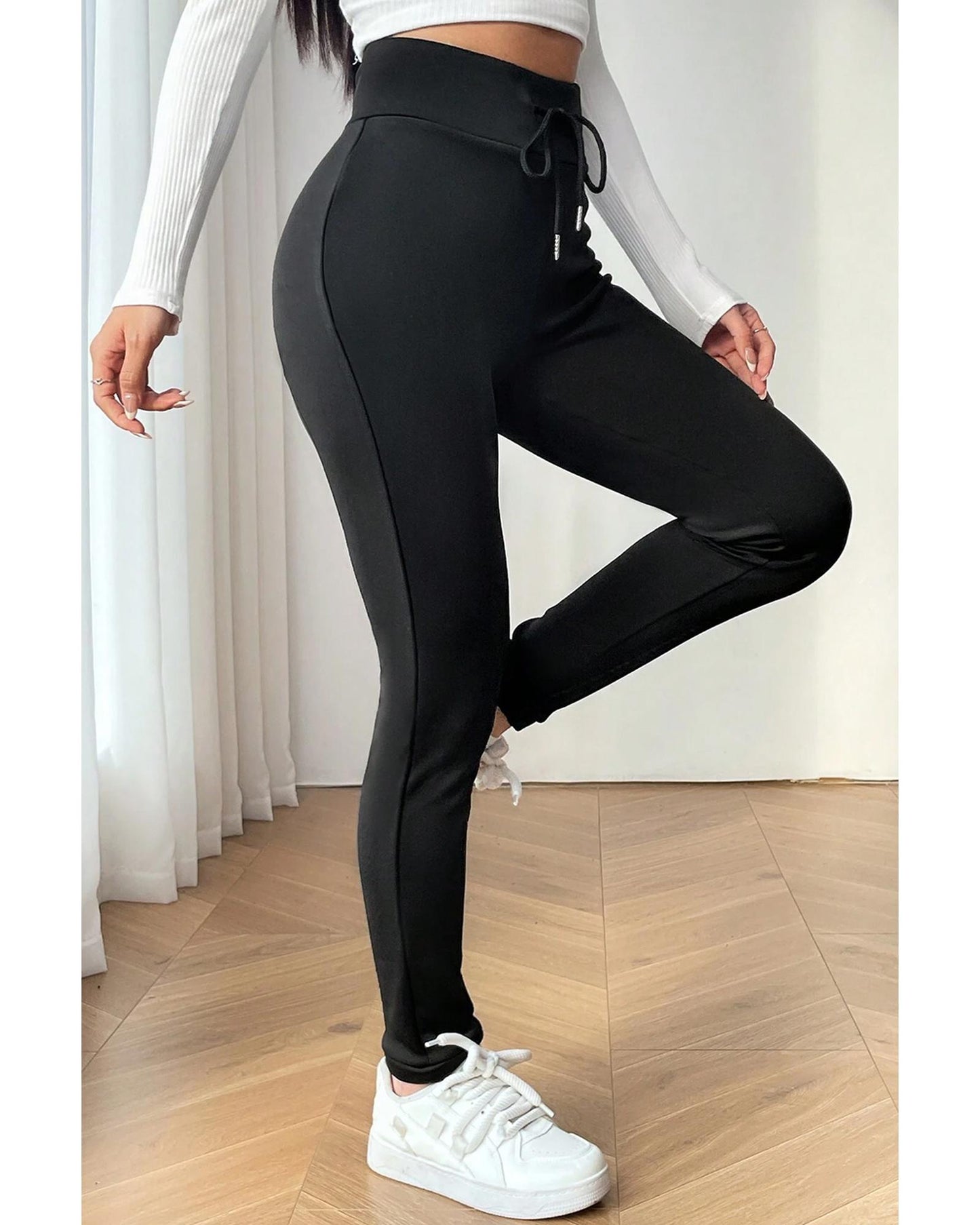 Black Solid Drawstring Waist Thermal Lined Leggings - XL