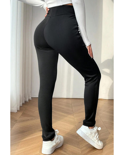 Black Solid Drawstring Waist Thermal Lined Leggings - XL