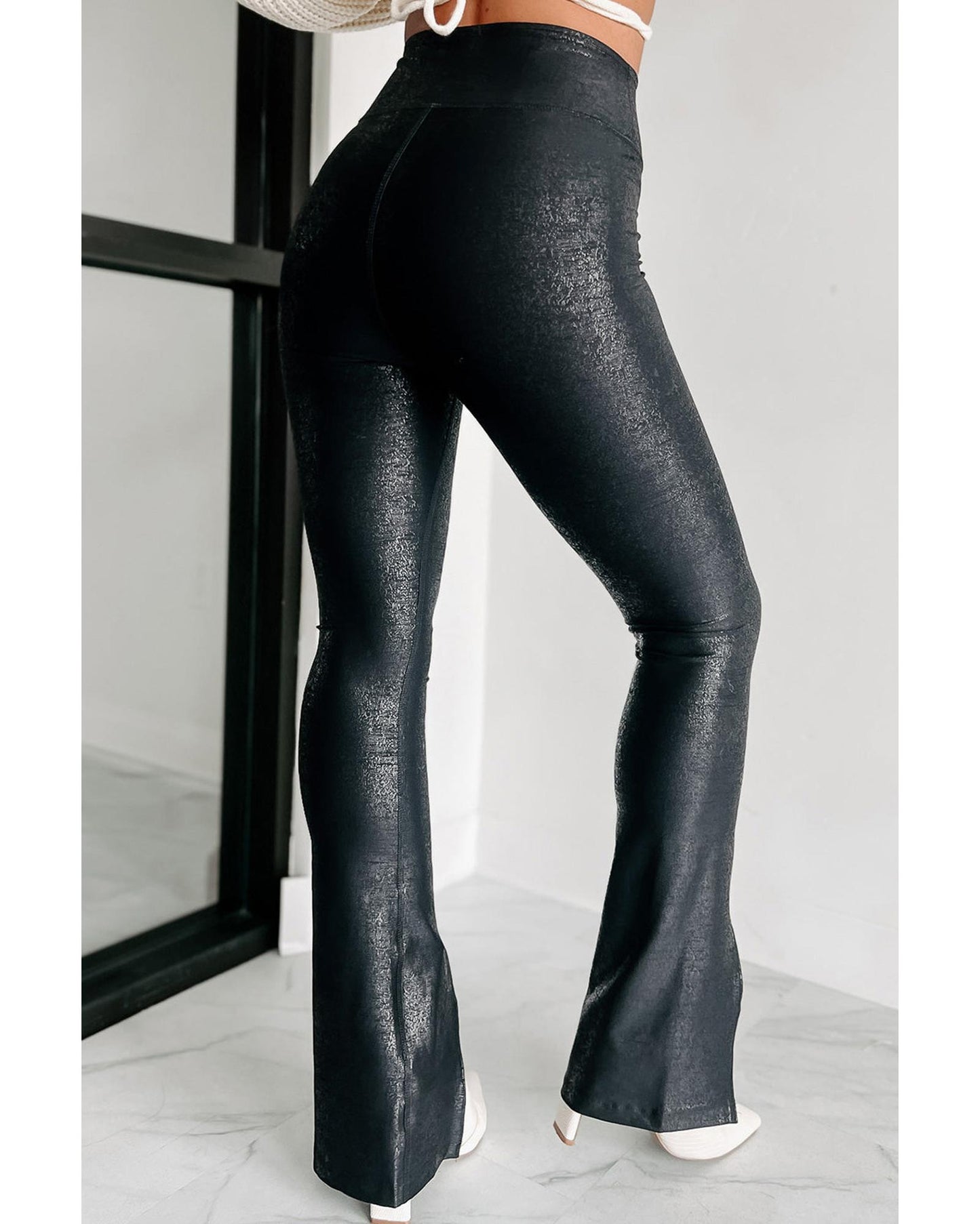 Black Faux Leather Splits High Waist Leggings - L