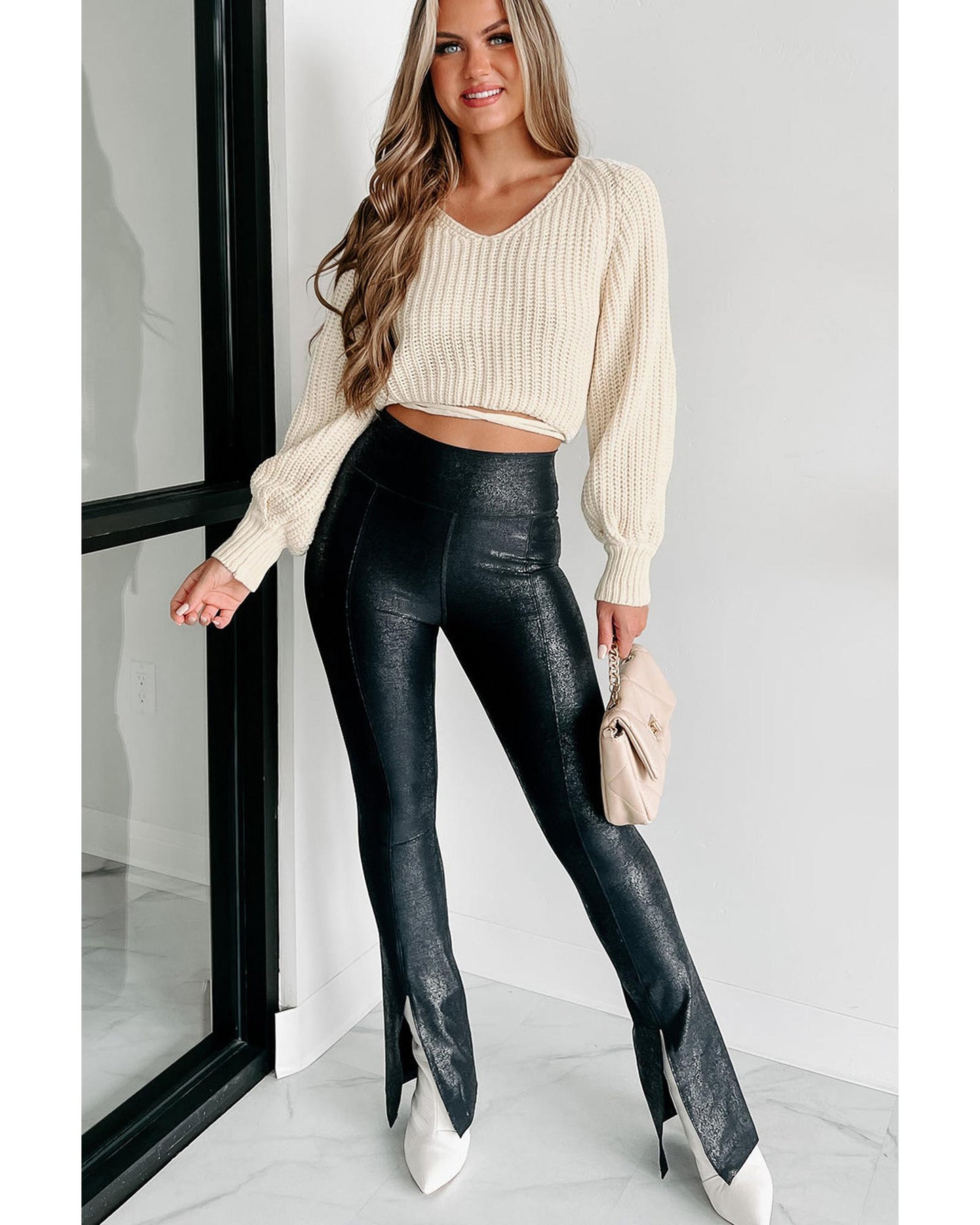 Black Faux Leather Splits High Waist Leggings - M