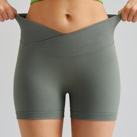 Grass Green Gray Yoga Shorts - Seamless, High Waist, Tummy Control Size L