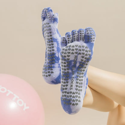 2 pairs Black tie-dye Non-Slip Yoga Socks for Women - Five-Toe Cotton Blend Socks for Pilates and Indoor Sports