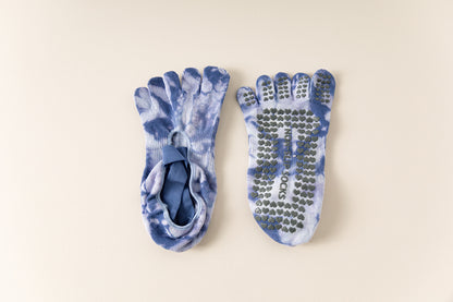 2 Pairs Blue Tie-Dye Non-Slip Yoga Socks for Women - Five-Toe Cotton Blend Socks for Pilates and Indoor Sports