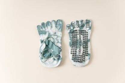 2 Pairs Green Tie-Dye Non-Slip Yoga Socks for Women - Five-Toe Cotton Blend Socks for Pilates and Indoor Sports