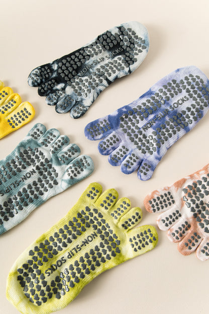 2 Pairs Yellow Tie-Dye Non-Slip Yoga Socks for Women - Five-Toe Cotton Blend Socks for Pilates and Indoor Sports