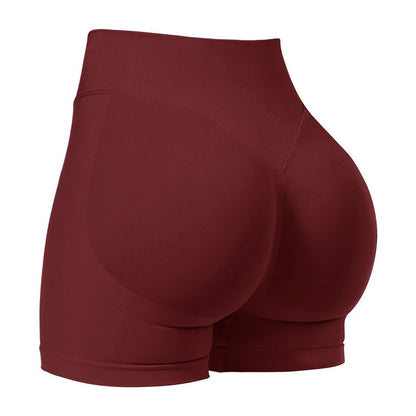 M Wine Red High-Elastic Hip Yoga Shorts - Seamless Mid-Intensity Pilates Workout Shorts